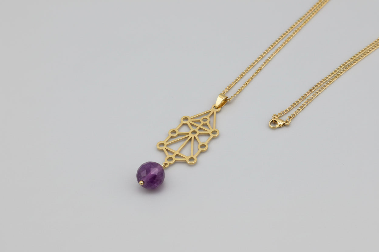 Colgante árbol de la vida  ( cábala ) acero dorada con piedra sugilita (Diseño de Lubelia )