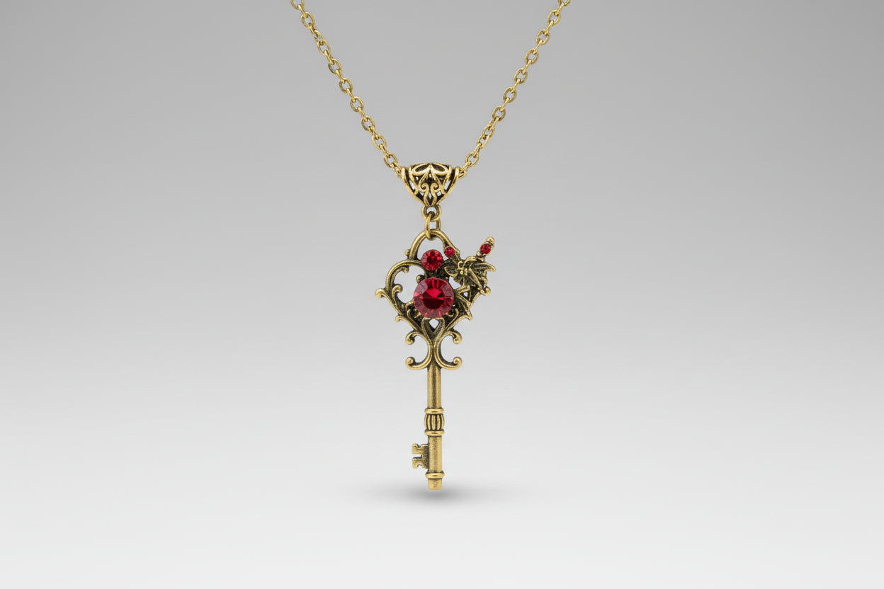 Colgante llave con cristal rojo fantasía con cadena IVA incluido