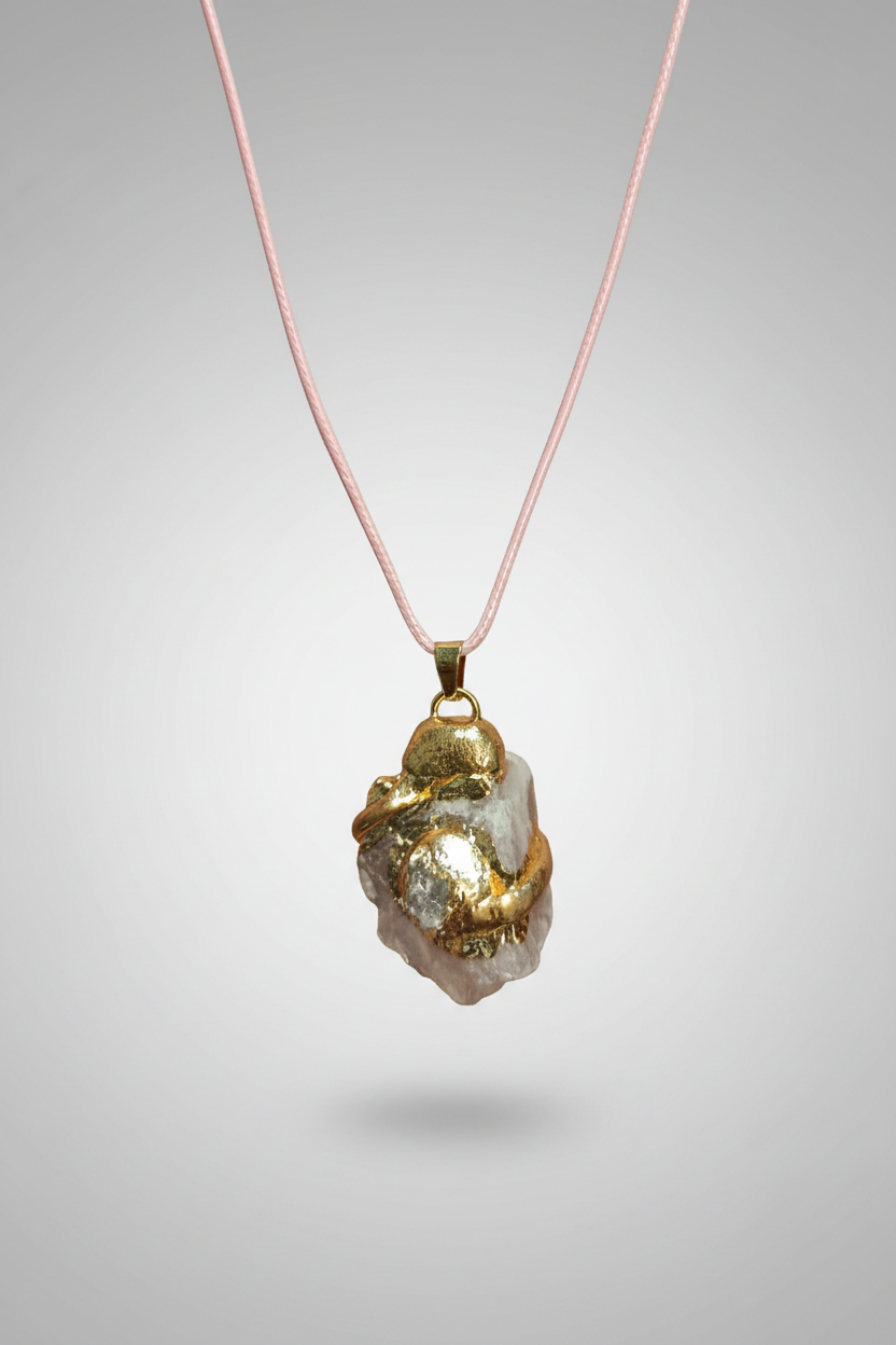 Colgante amatista con vetas doradas cadena, cordón rosa