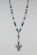 Rosario piedras de Cuarzo rosa, Turmalina y cruz Hematita, dije cabeza de Búfalo (Diseño de Lubelia) IVA incluido