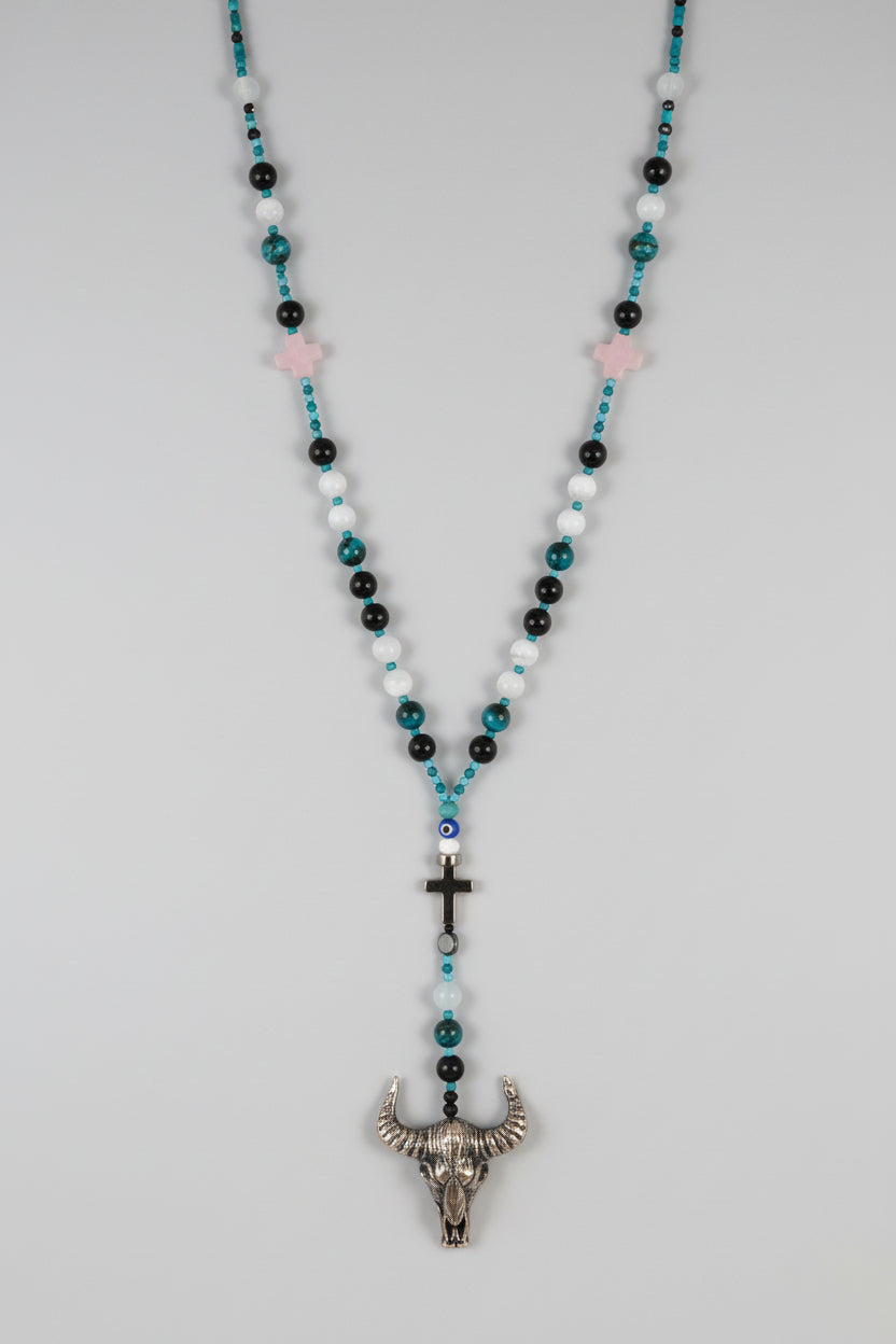 Rosario piedras de Cuarzo rosa, Turmalina y cruz Hematita, dije cabeza de Búfalo (Diseño de Lubelia) IVA incluido