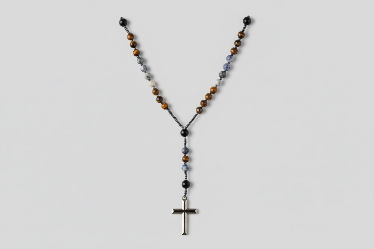 Rosario piedras ojo de tigre, Turmalina, Lapislázuli y cruz Hematita (Diseño de Lubelia ) IVA incluido