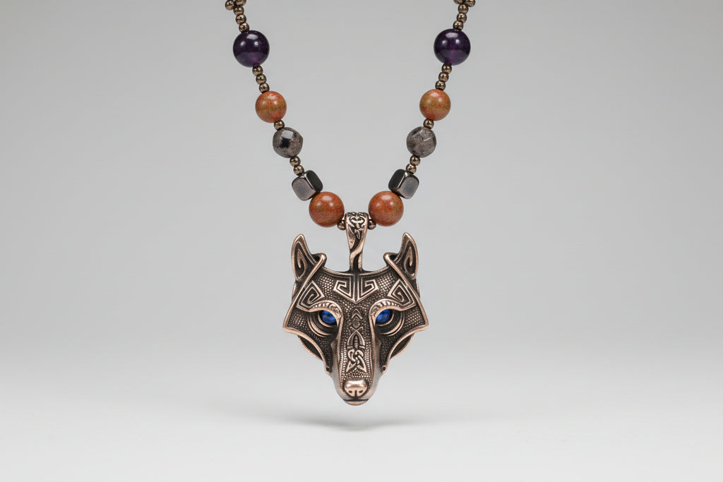 Rosario cuentas Unakita, Turmalina, Lapislázuli y Cuarzo verde ahumado, ojo de tigre dije de Lobo (Diseño de Lubelia) IVA incluido