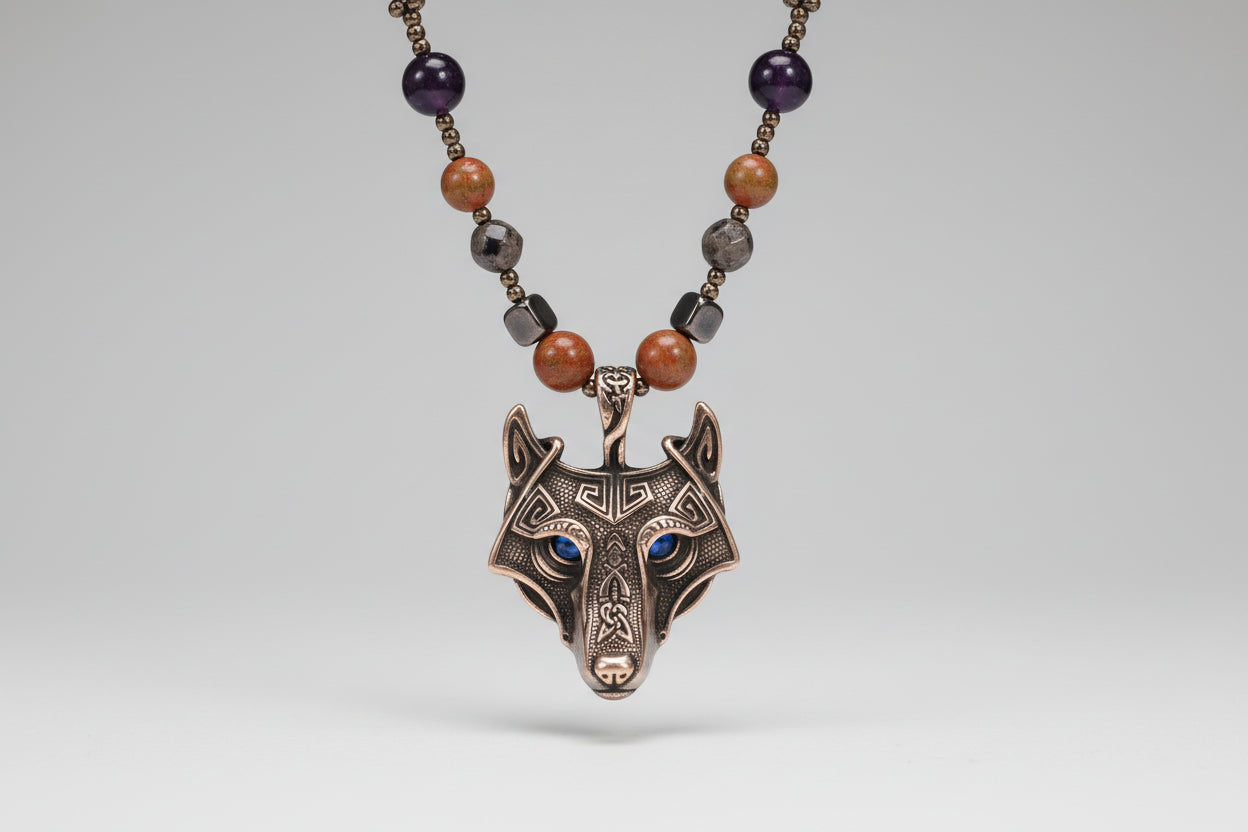 Rosario cuentas Unakita, Turmalina, Lapislázuli y Cuarzo verde ahumado, ojo de tigre dije de Lobo (Diseño de Lubelia) IVA incluido