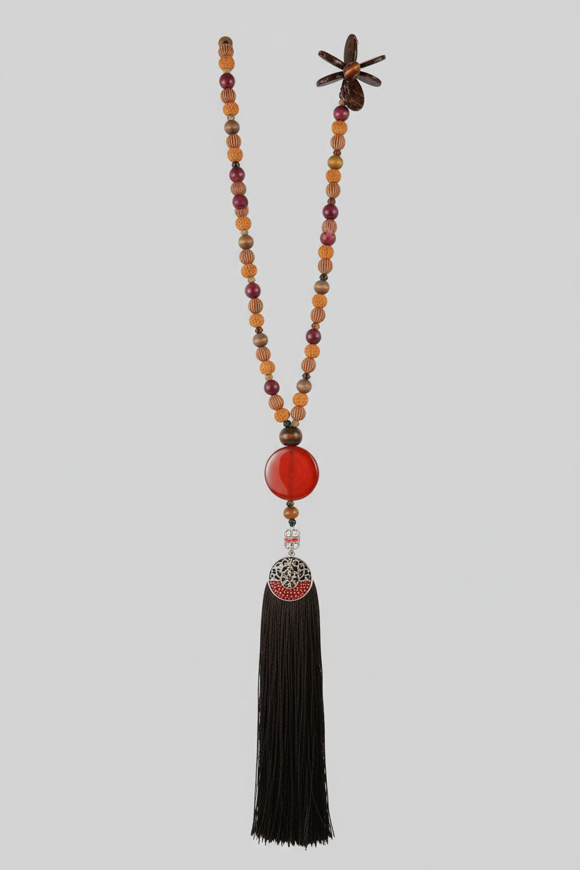Collar de cuentas madera y piedras con borla marrón flor en el lateral de madera( Diseño de Lubelia) IVA incluido