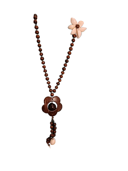 Collar de cuentas madera y  flor de conchas  con flor central de madera  ( Diseño de Lubelia ) IVA incluido