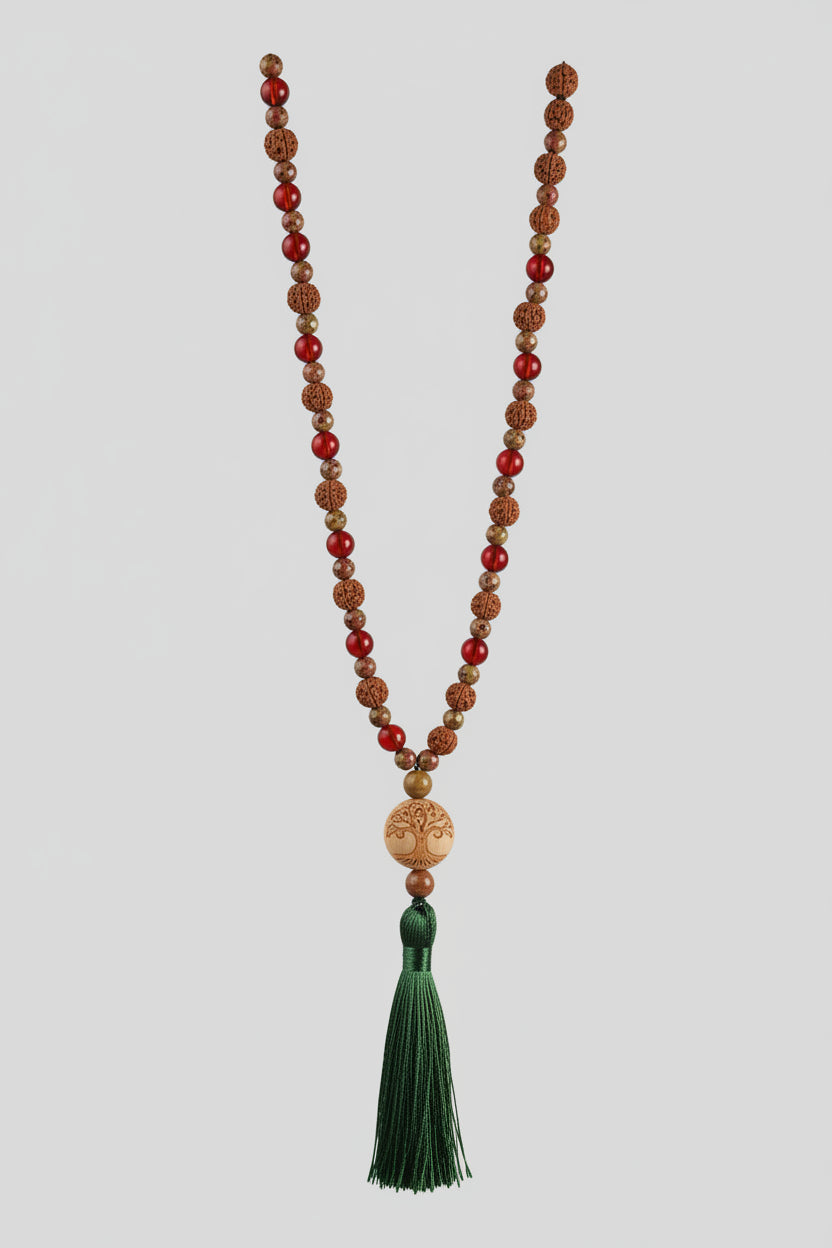 Collar de cuentas de color ambar,  madera, rudraksha con borla verde y pieza redonda de madera. ( Diseño de Lubelia ) IVA incluido