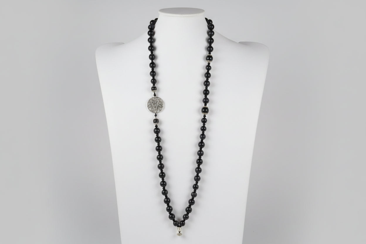 collar de cuentas lluvia de estrellas con  tetragramaton, flor central y plumas de acero (Diseño de Lubelia)IVA incluido