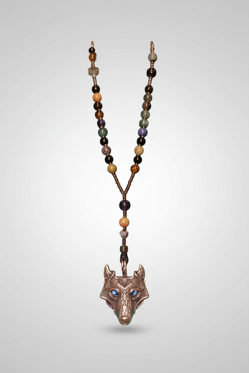 Rosario cuentas Unakita, Turmalina, Lapislázuli y Cuarzo verde ahumado, ojo de tigre dije de Lobo (Diseño de Lubelia) IVA incluido