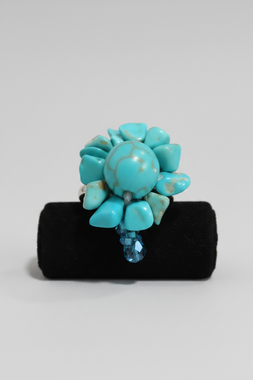 Anillo elástico flor piedra turquesita con cristales azul turquesa (Diseño de Lubeliua) IVA incluido
