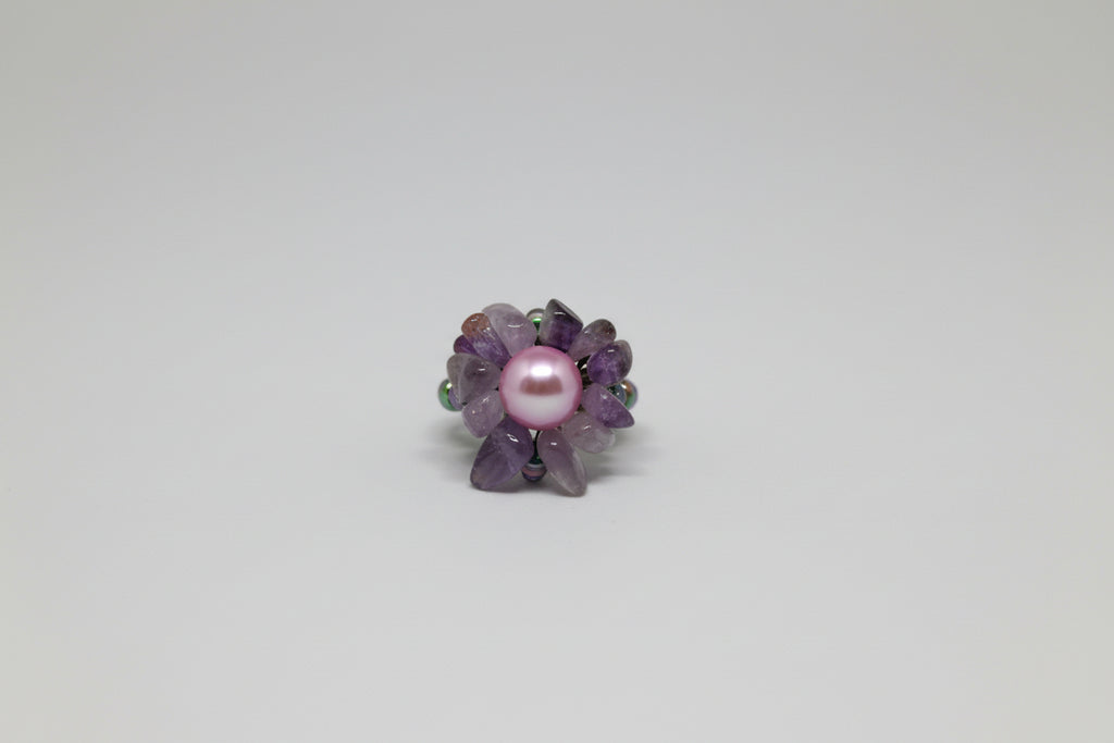 Anillo elástico flor piedra amatista, turmalina arcoiris ( Diseño de Lubelia ) IVA incluido