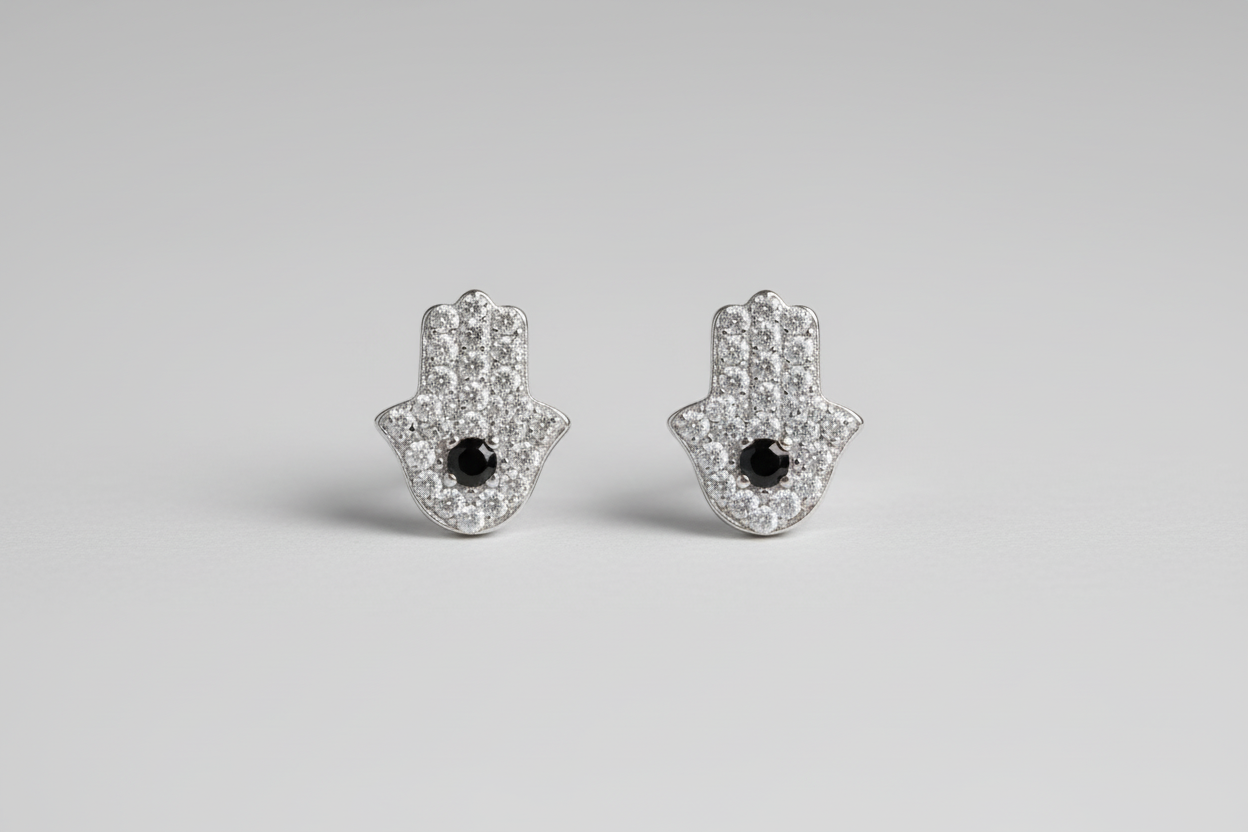 Pendientes acero mano de Fátima con cristal negro