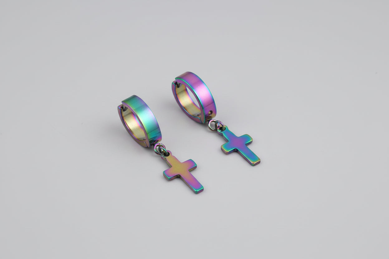 Pendientes aro con cruz – Acero inoxidable color arcoíris