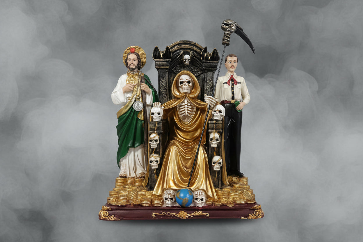 Santa muerte, trono con San Judas Tadeo y Jesús Malverde. 30X35X17cm. IVA incluido