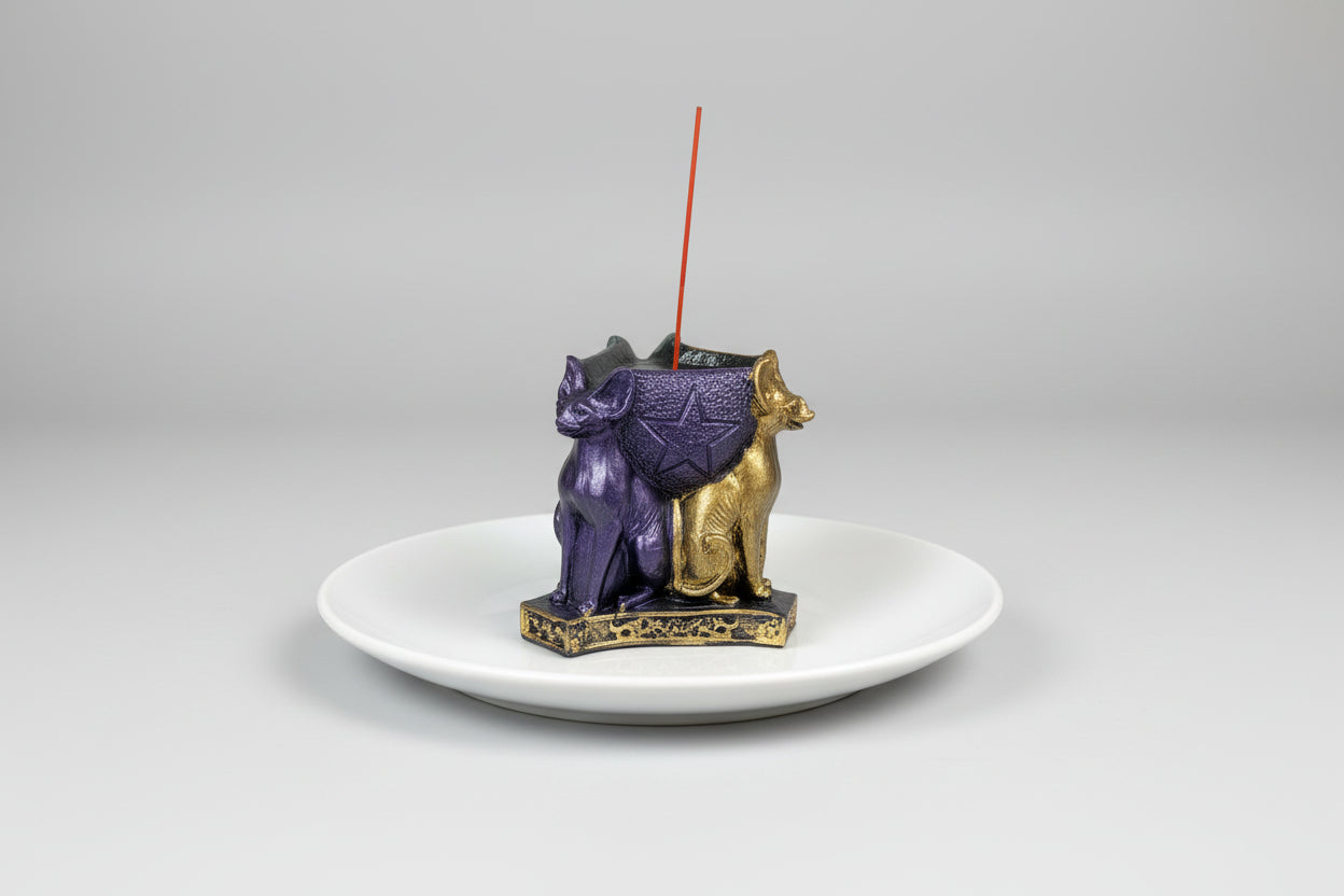 Porta velas de té e inciensos gatos egipcios tricolor 10X7cm. (Hechos por Lubelia)IVA incluido