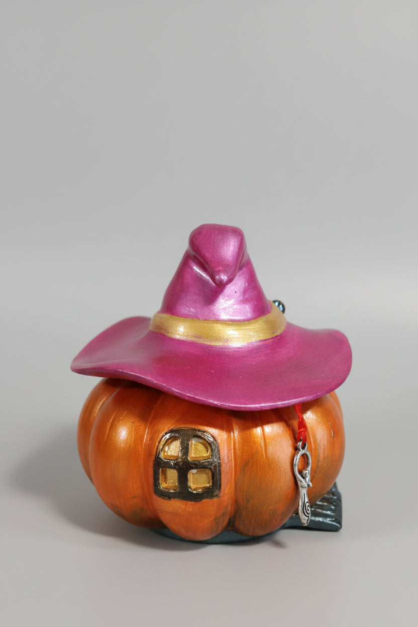 Casita calabaza y sombrero de bruja rosa 10X11 ( Hecho por Lubelia )IVA incluido.