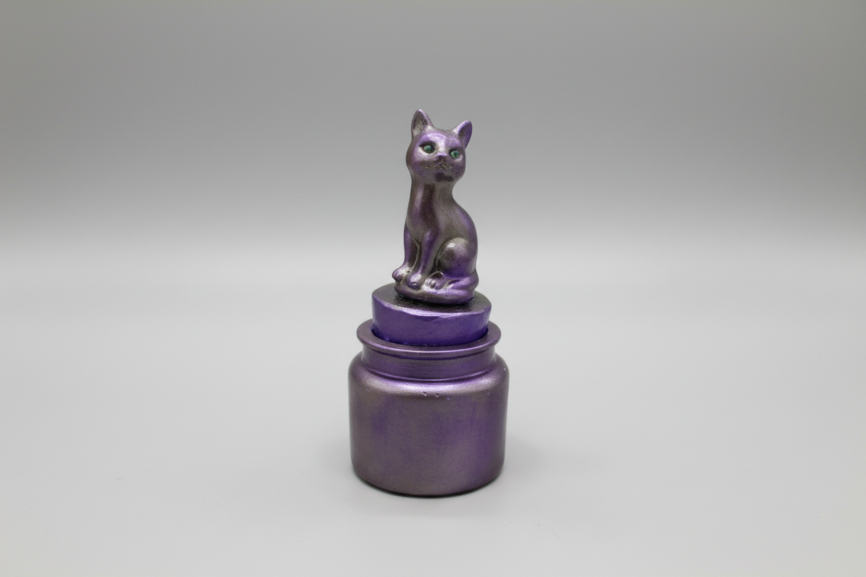Bote cerámico con gato violeta y gris 13X6 cm. (Hecho por Lubelia ) IVA incluido.