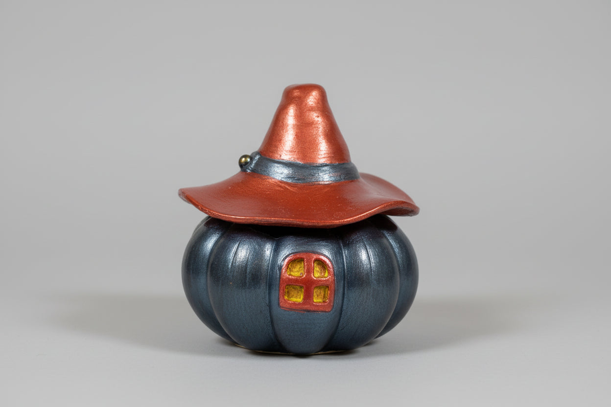 Casita calabaza negra y sombrero color cobre 10X11cm. (Hecho por Lubelia) IVA incluido