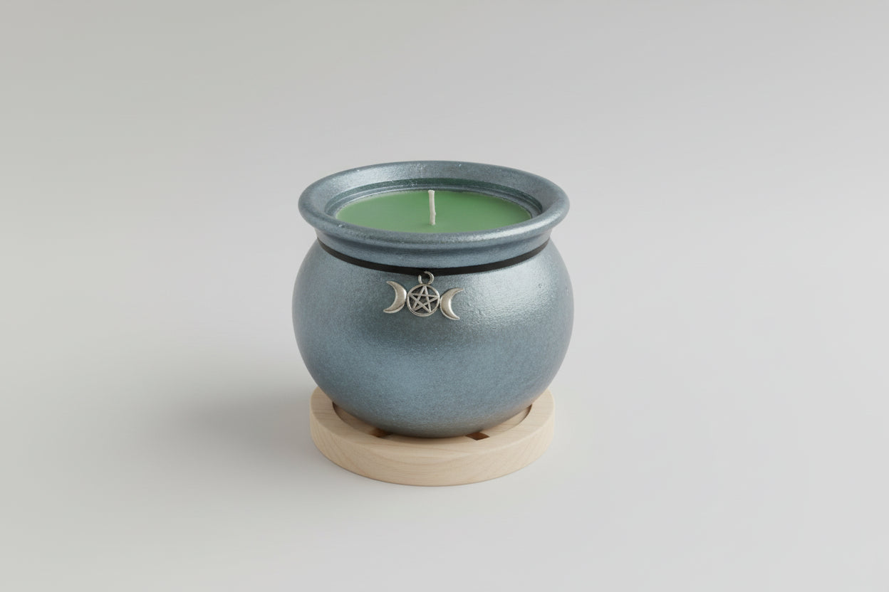 Ollita  caldero gris y verde efecto metálico con vela verde 7X7 cm. ( Hecho por Lub elia )