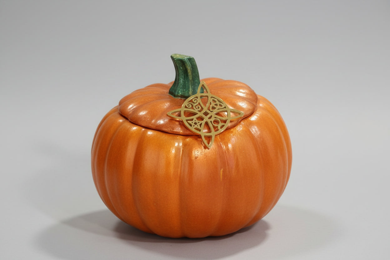 Calabaza  efecto metálico pieza acero dorado escoba y sombrero de bruja 7X9cm. (Diseño de Lubelia )IVA incluido