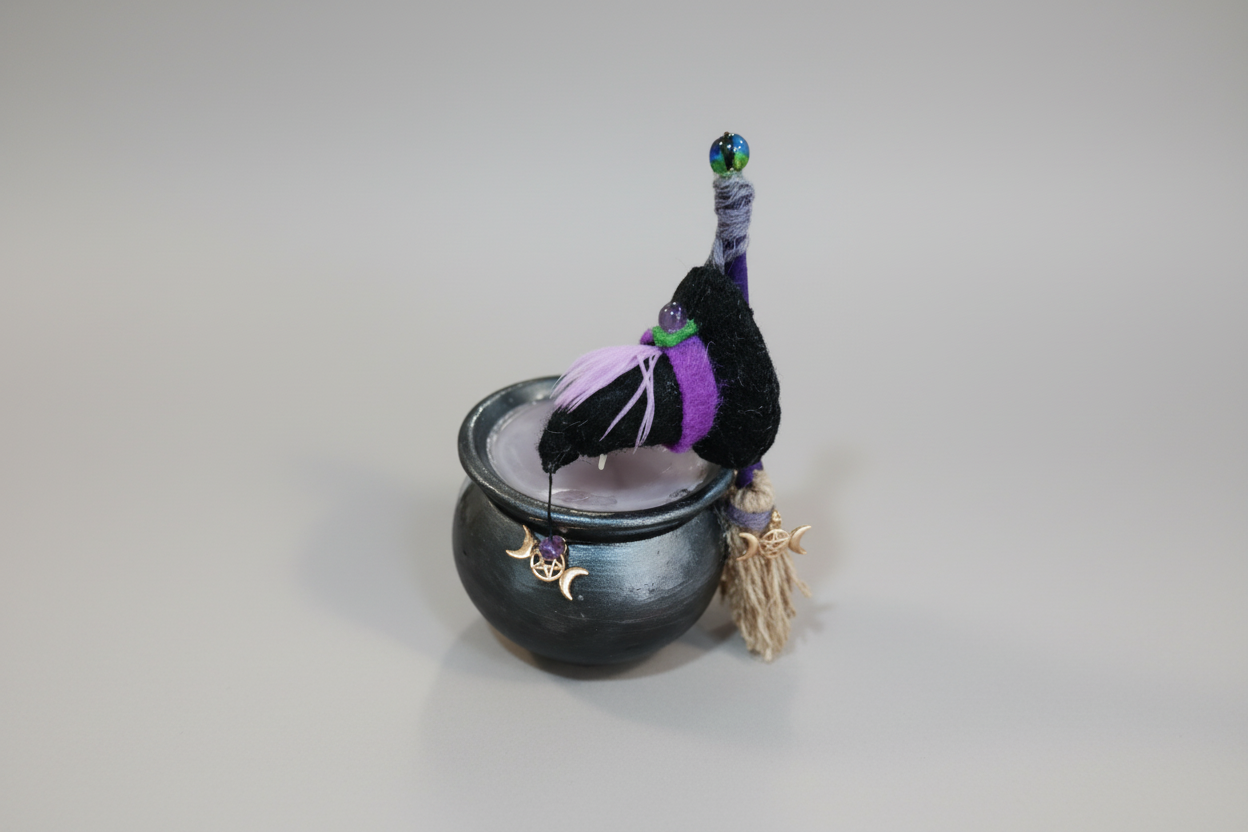 Ollita Caldero con escoba  color violeta y sombrero de bruja con amatista y vela de color violeta 7X9 cm. (Hecho por Lubelia )IVA incluido.