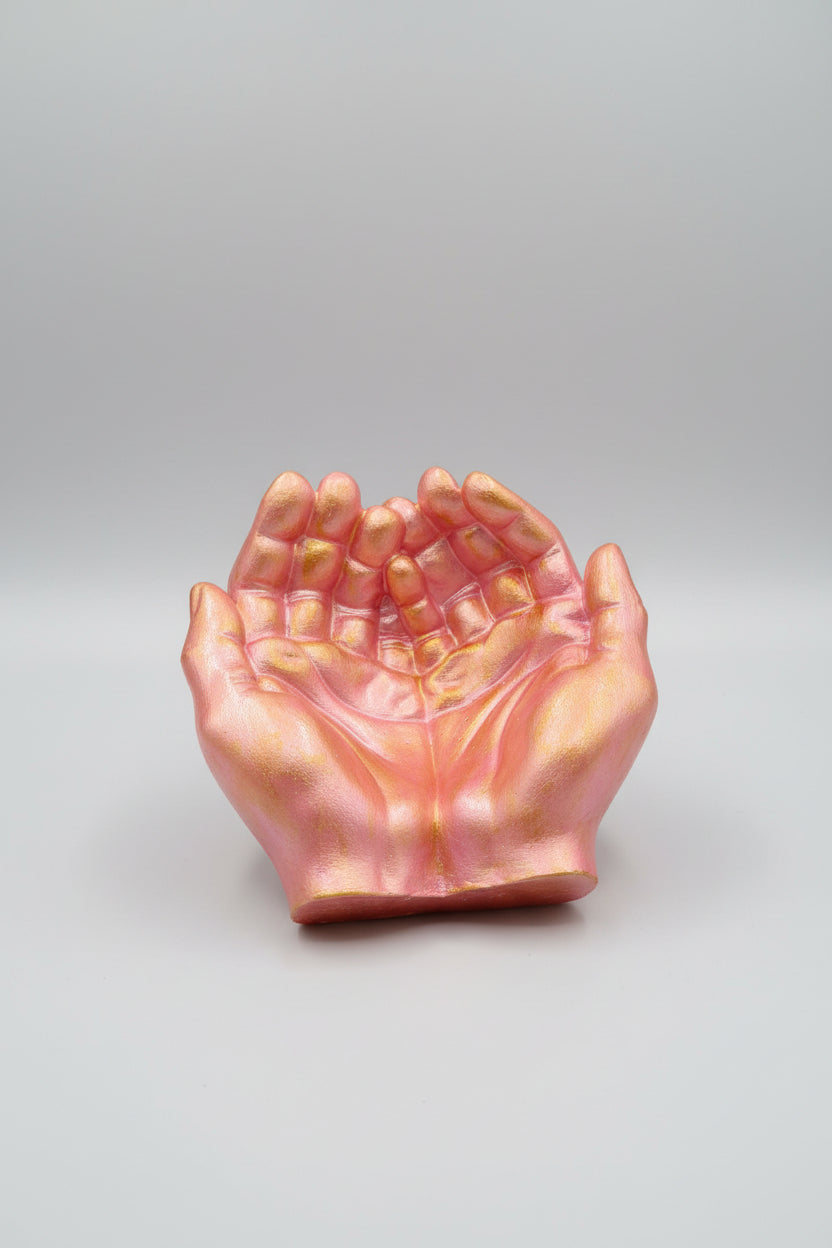 Manos color rosa reflejos dorados 13X6 cm.Práctico, perfecto para colocar llaves, joyas, piedras energéticas o simplemente como pieza ornamental.(Hecho por Lubelia )IVA incluido