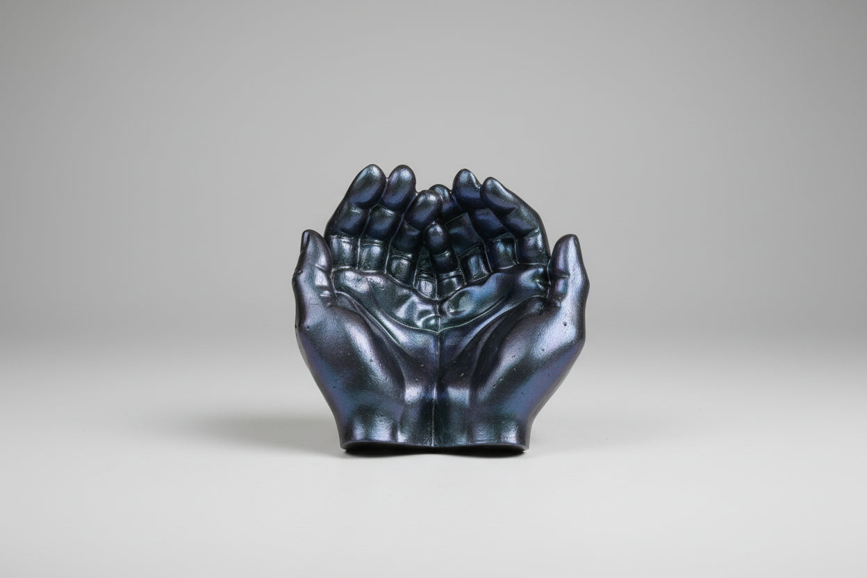 Manos color azul metálico y reflejos violeta 13X6 cm.Práctico, perfecto para colocar llaves, joyas, piedras energéticas o simplemente como pieza ornamental.(Hecho por Lubelia )IVA incluido