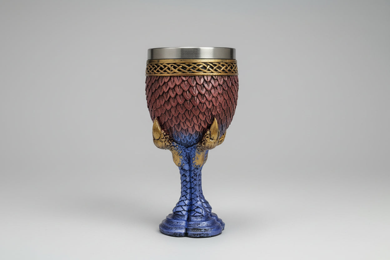 Copa ceremonioal acero y resina garras dorada, azul, granate 16X7cm.IVA incluido