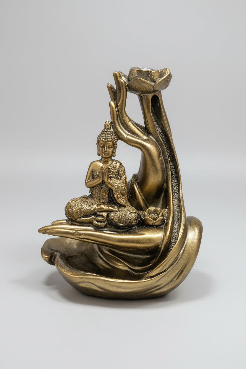 Porta cono efecto cascada dorado con  Buda en Mano Sagrada 14X12 cm. IVA incluido.