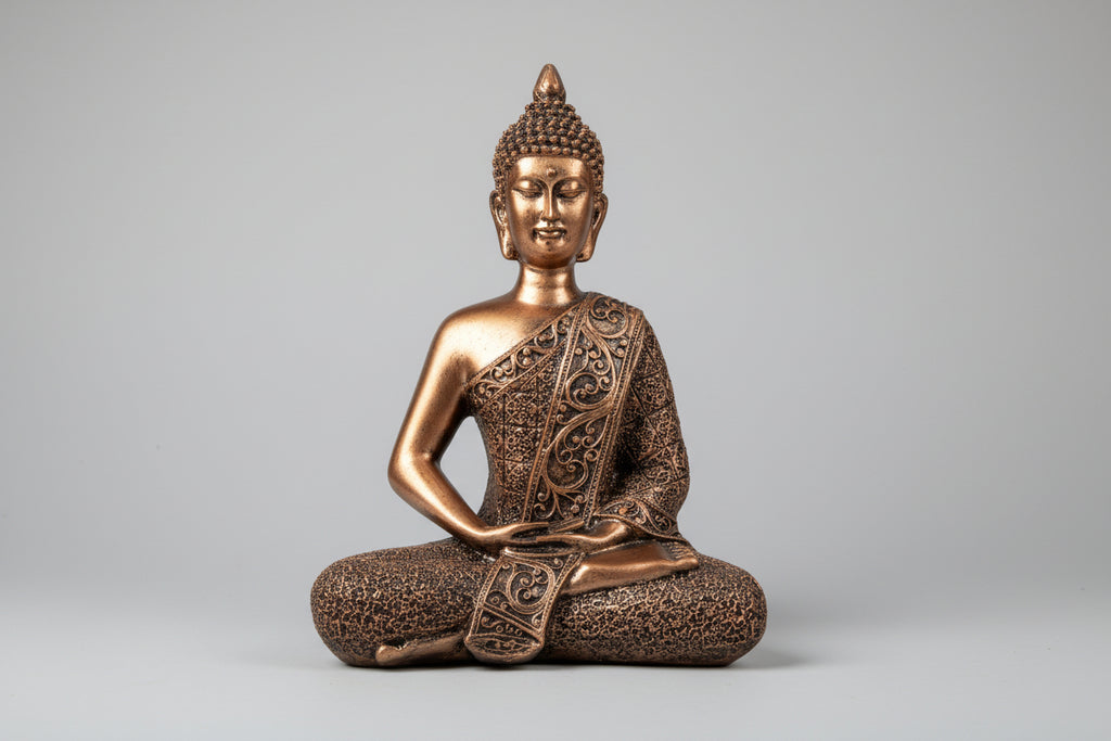 Buda Shakyamuni en meditación de madera acabado efecto metálico bronce.28X19cm. IVA incluido