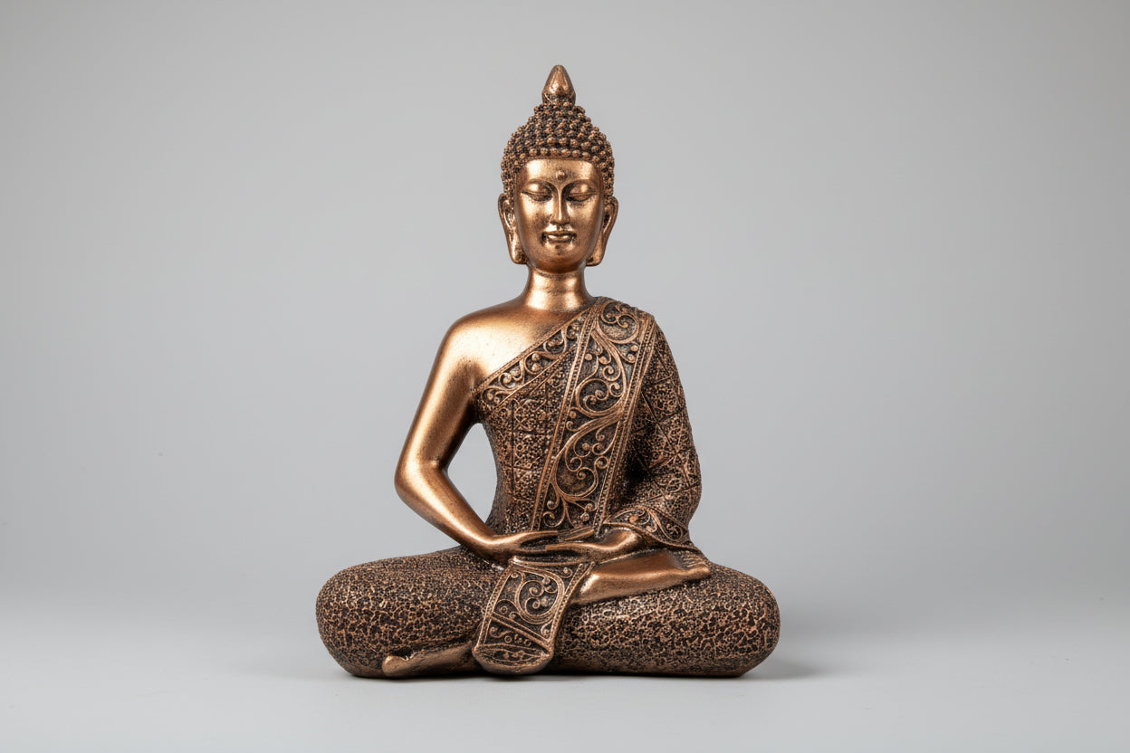 Buda Shakyamuni en meditación de madera acabado efecto metálico bronce.28X19cm. IVA incluido