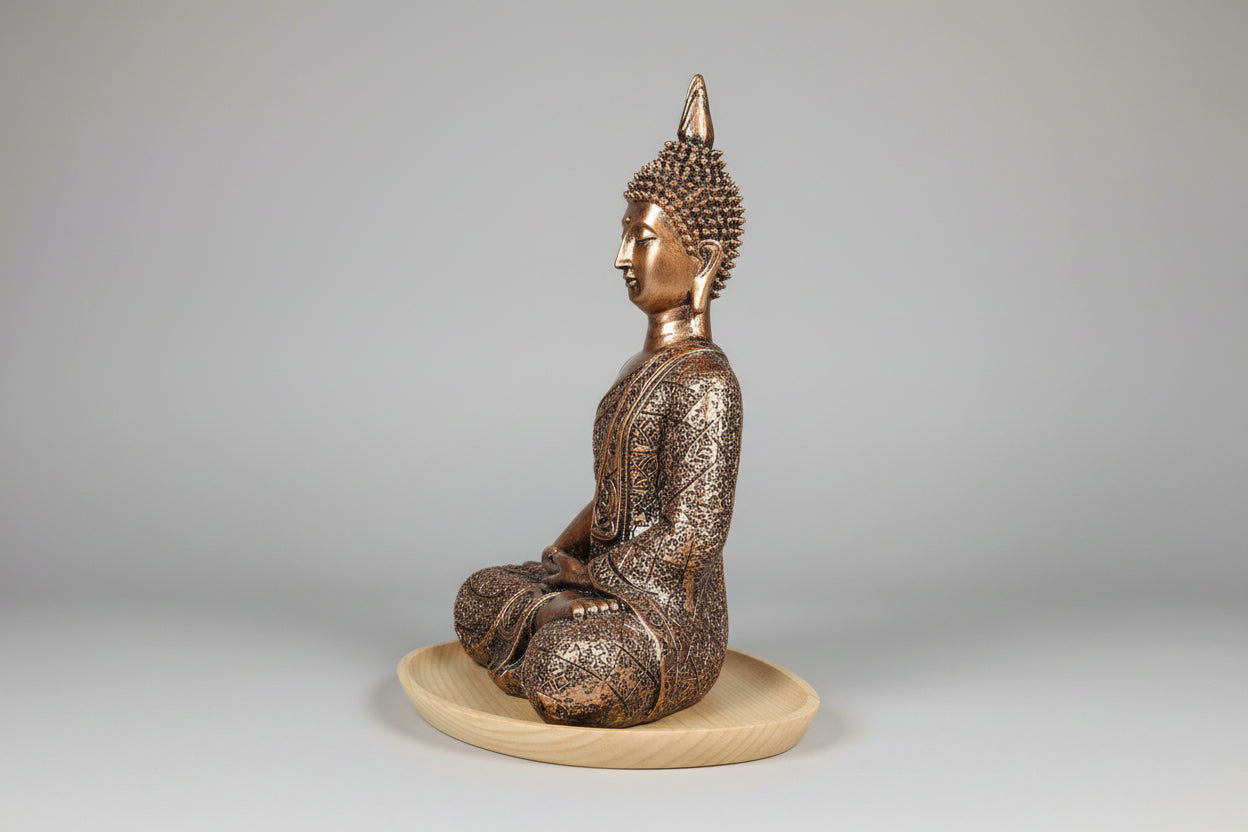 Buda Shakyamuni en meditación de madera acabado efecto metálico bronce.28X19cm. IVA incluido