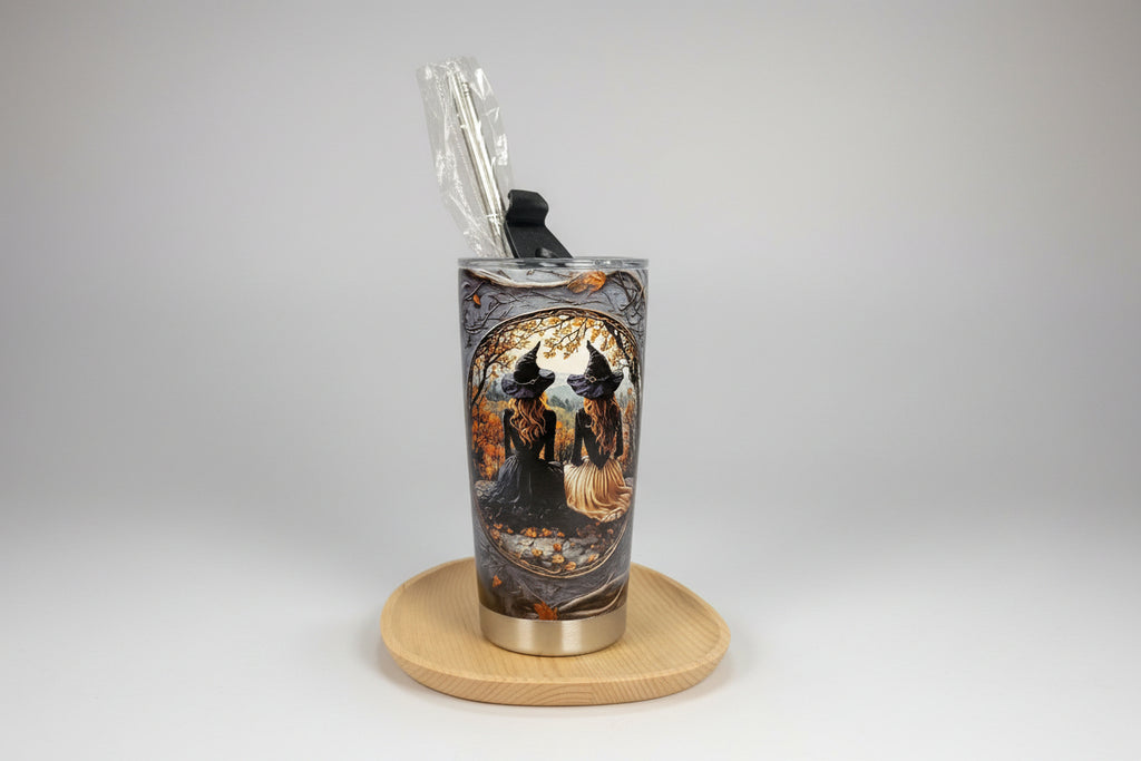 Termo (vaso) de acero inoxidable diseño brujas con cañita de acero 17X9 cm. IVA incluido