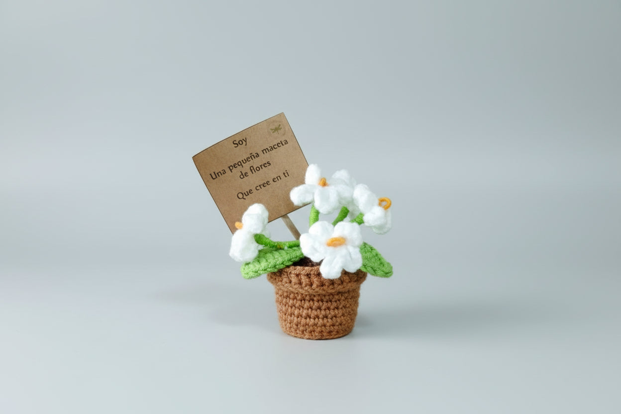 Macetita marrón flor blanca de crochet. 10X5cm lleva un cartel con mensaje. IVA incluido.