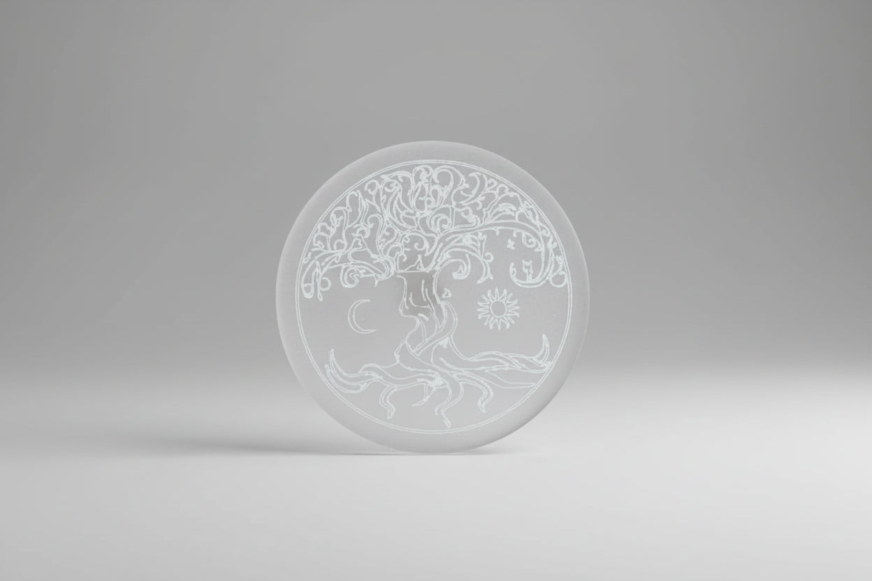 Placa de selenita con árbol grabado 10X10 cm. IVA incluido