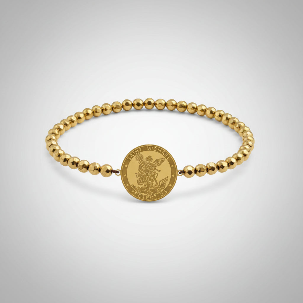 Pulsera de pirita dorada con medalla del Arcángel Miguel de acero dorada