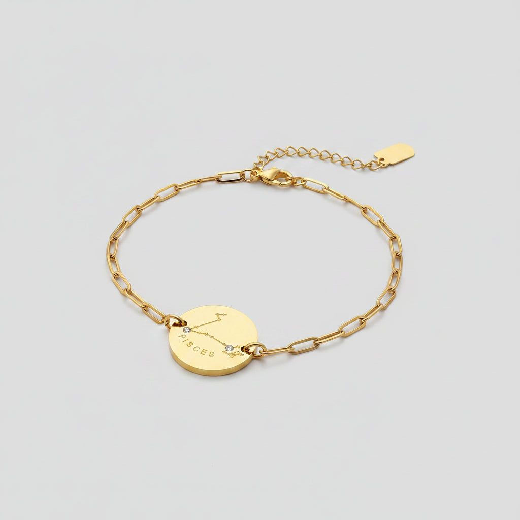 Pulsera de acero dorado. Horóscopo signo piscis. I.V.A incluido.