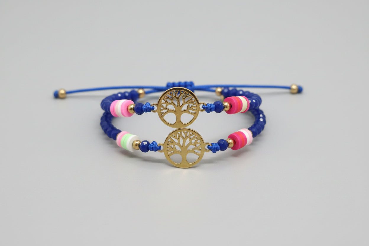 Pulsera cuentas cristal  azul marino cierre cuerda y árbol. IVA incluido