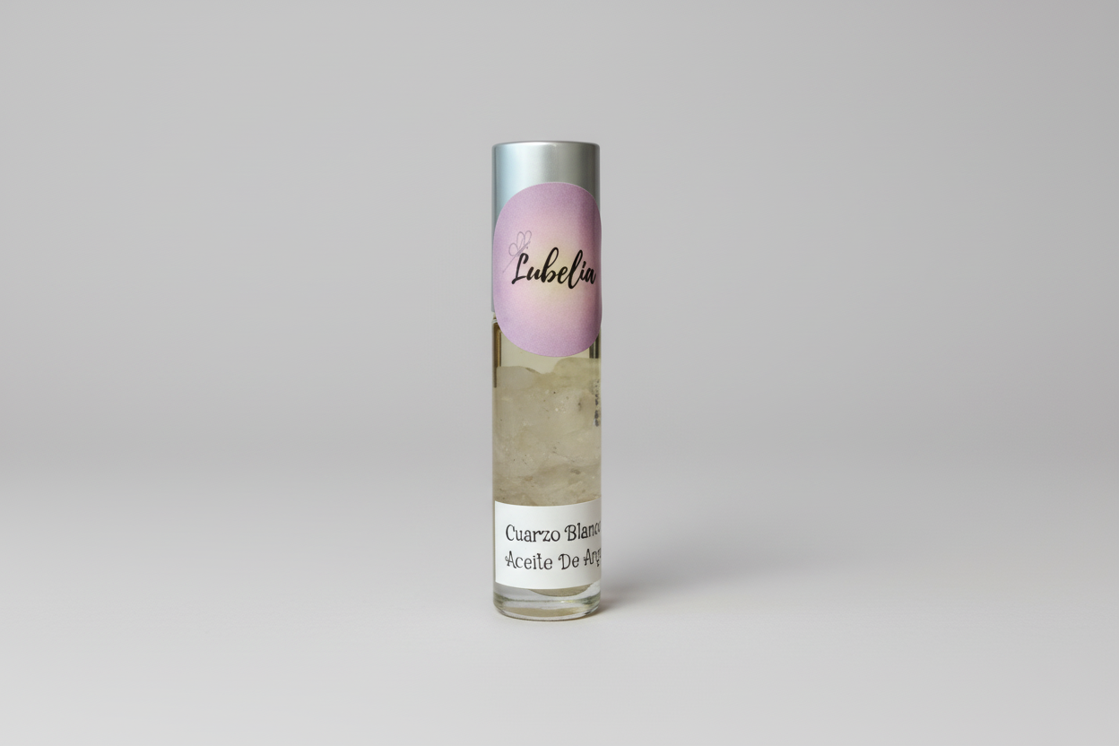 Rollón con piedras: Cuarzo blanco y aciete de argan 15ml.