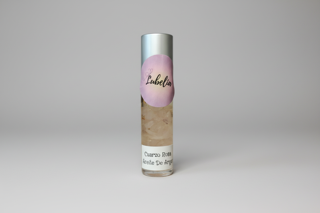 Rollón con piedras cuarzo rosa y aceite de argan 15ml.