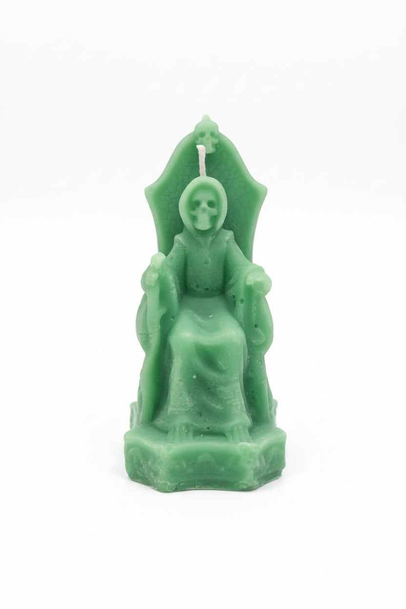 Vela Santa Muerte pequeña en trono color verde. IVA incluido