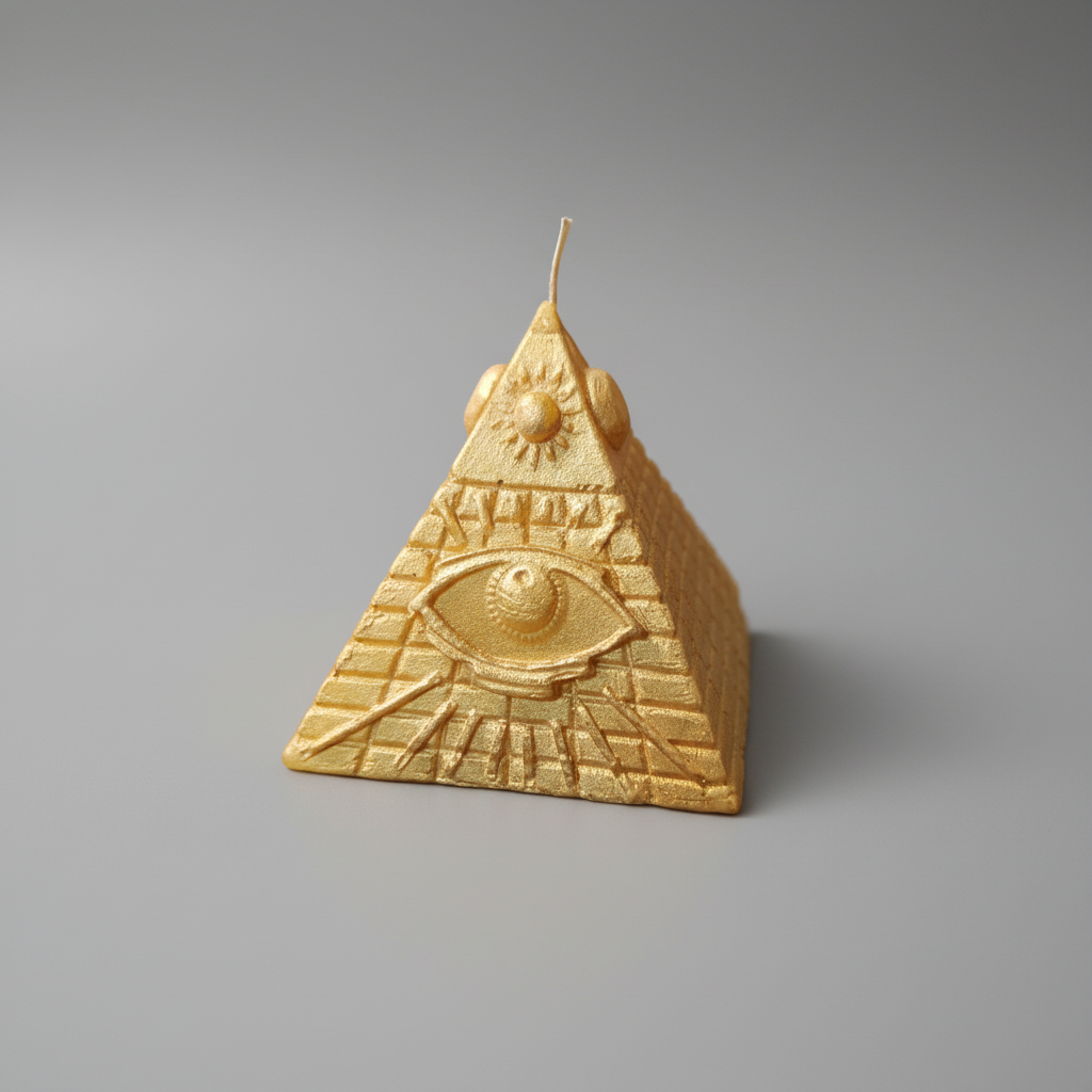 Vela pirámide color dorado con ojo grabado 8X8 cm. IVA incluido