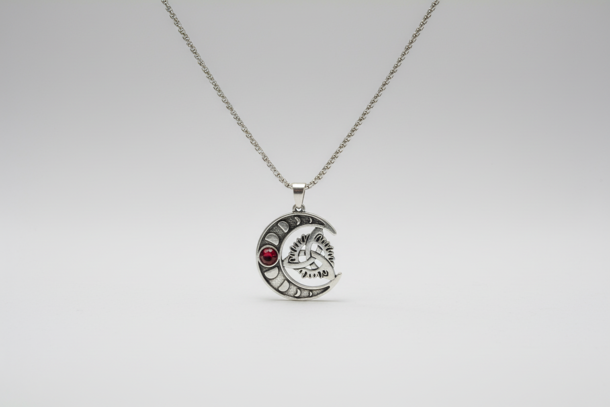 Colgante con luna más nudo de bruja  y cristal rojo IVA incl.uido