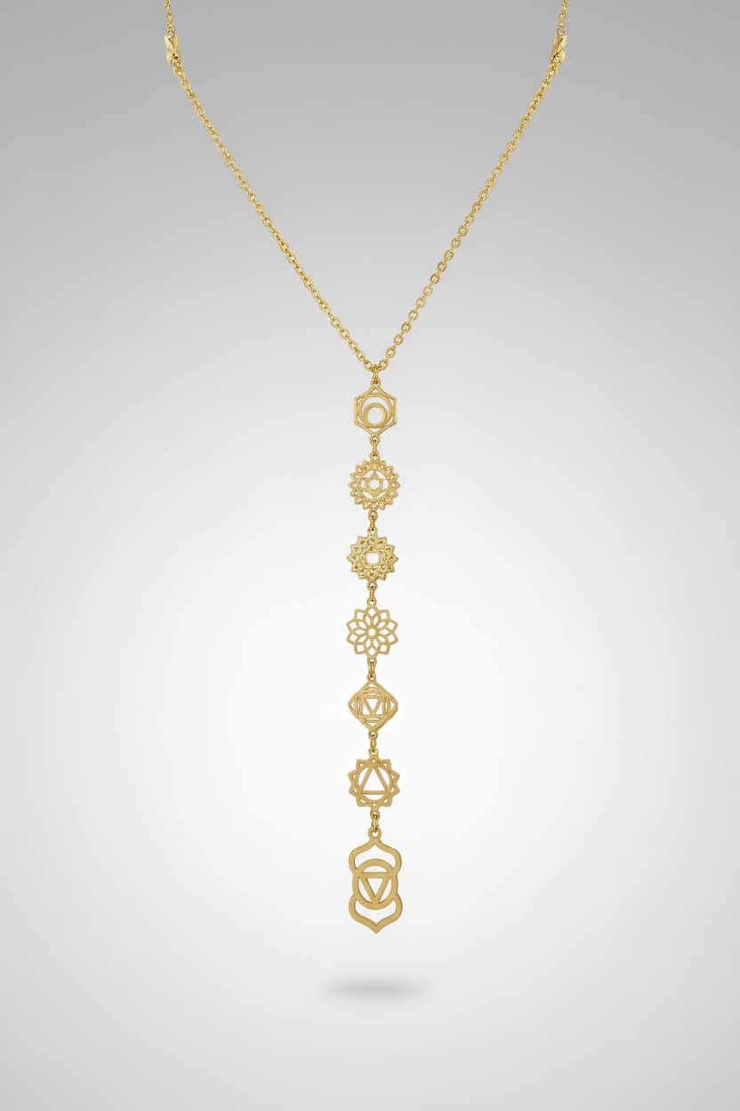 Colgante chakras acero  dorado largo, con cadena IVA incluido