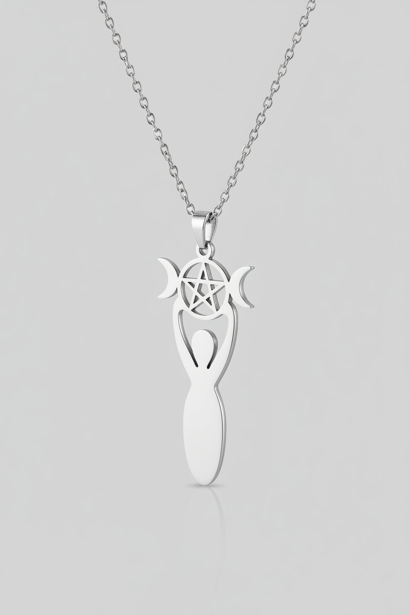 Colgante Diosa de la fertilidad triple luna y tetragramaton acero con cadena  IVA incluido