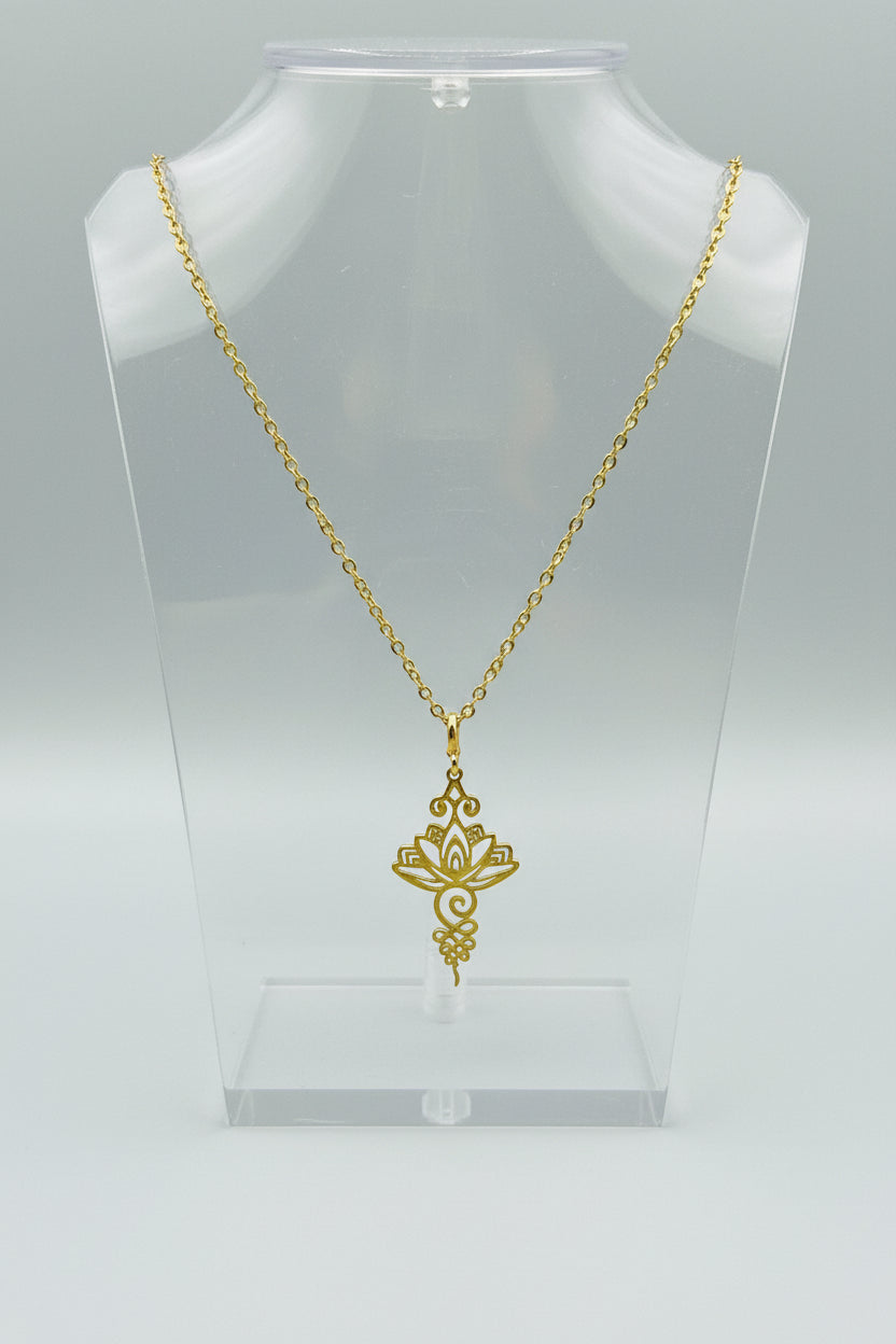 Colgante flor de loto acero dorado con cadena IVA incluido