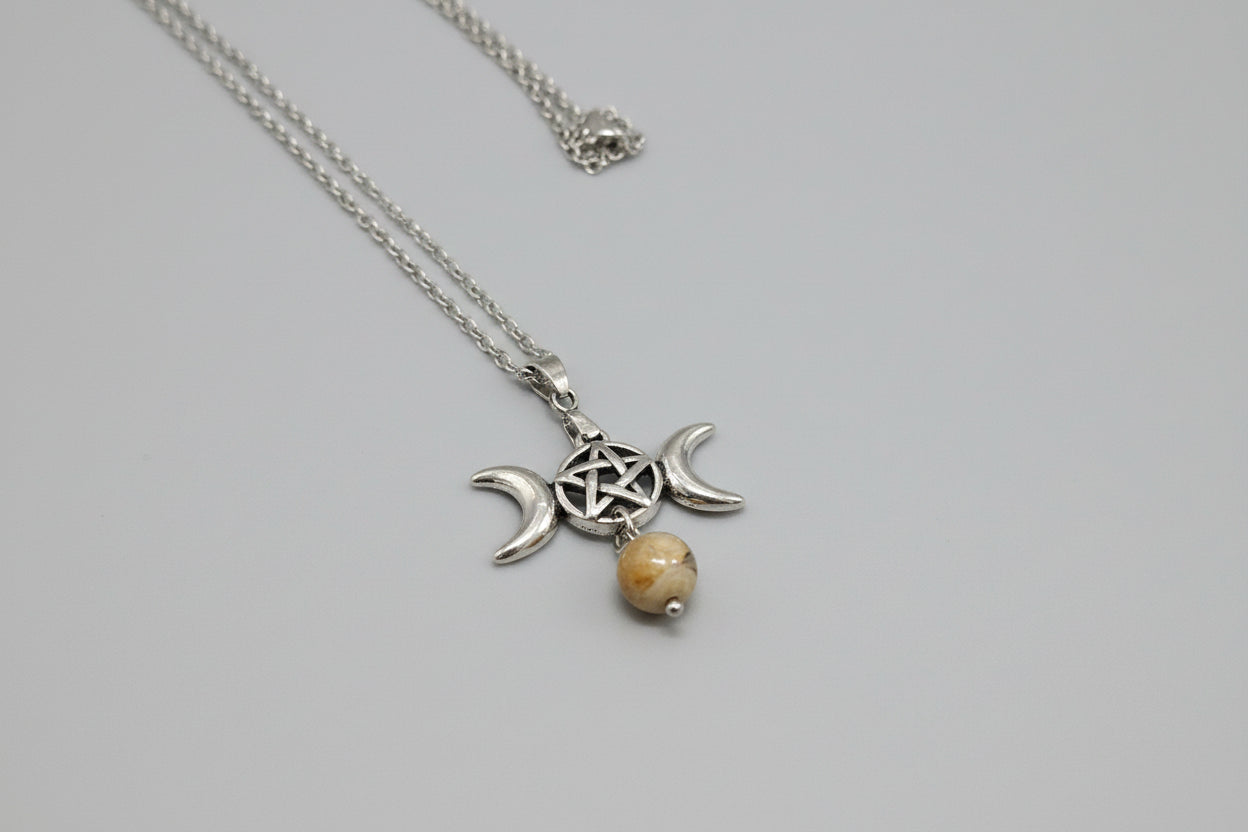 Colgante triple luna con tetragramatón acero piedra agata veteada( Diseño de Lubelia )