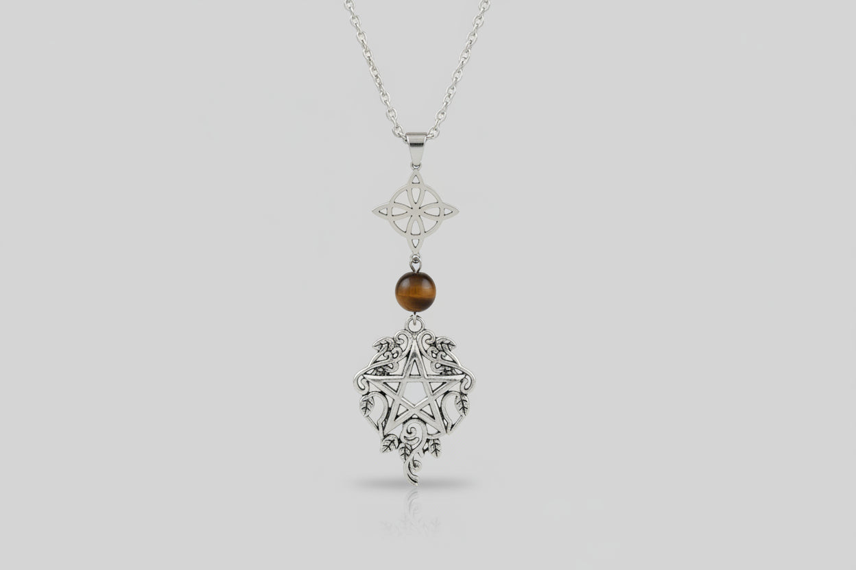 Colgante triple protección  nudo de bruja piedra ojo de tigre y tetragramaton acero con cadena (Diseño de Lubeluia) IVA incluido