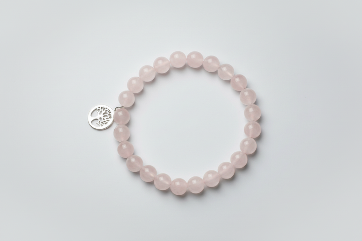 Pulsera de cuentas cuarzo rosa con dije árbol. IVA incluido