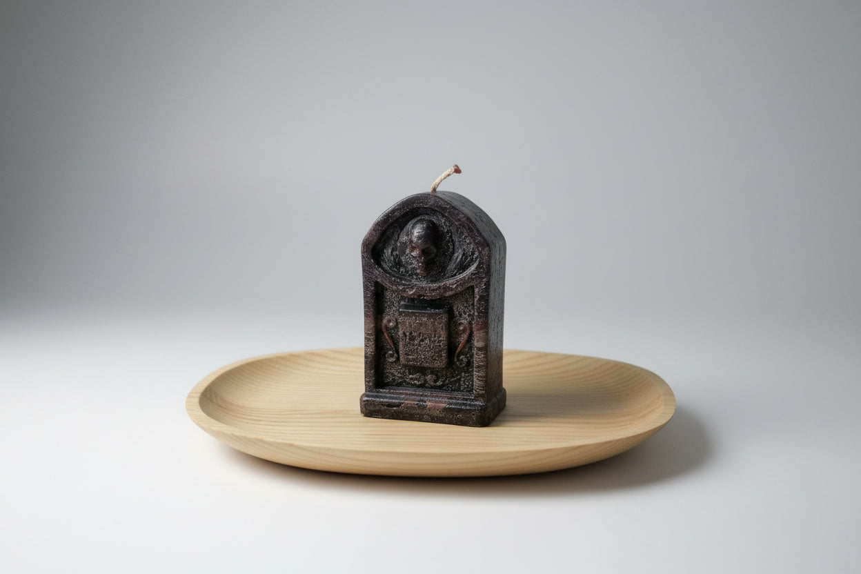 Velas  forma de lápida calavera. 9X5 cm. IVA incluido.